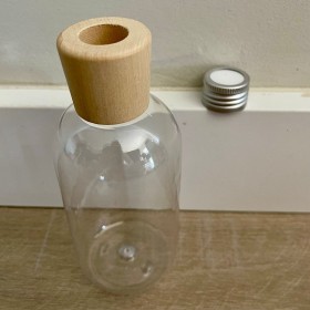 envase plastico transparente de 250ml+ tapa difusora metalica + tapa difusora de madera