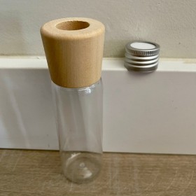 Envase de PLÁSTICO TRANSPARENTE 60ml largo + tapa difusora metálica + tapa difusora de madera