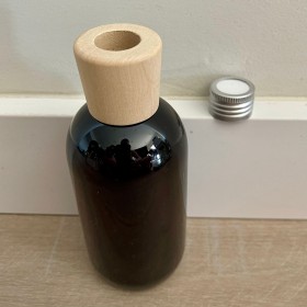 envase plástico ámbar de 250ml + tapa difusora metálica + tapa difusora de madera