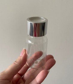 Envase de PLÁSTICO TRANSPARENTE 30ml + tapa difusora plateada