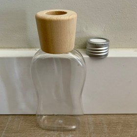 Envase de PLÁSTICO TRANSPARENTE 100ml onda + tapa difusora metálica + tapa difusora de madera