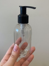 Envase de PLÁSTICO TRANSPARENTE 120ml + tapa tapa jabón/crema negra