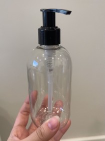 envase plastico transparente de 250ml+ tapa jabon/crema negra