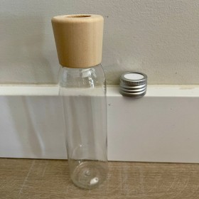 Envase de PLÁSTICO TRANSPARENTE 120ml LARGO + tapa difusora metálica + tapa difusora de madera